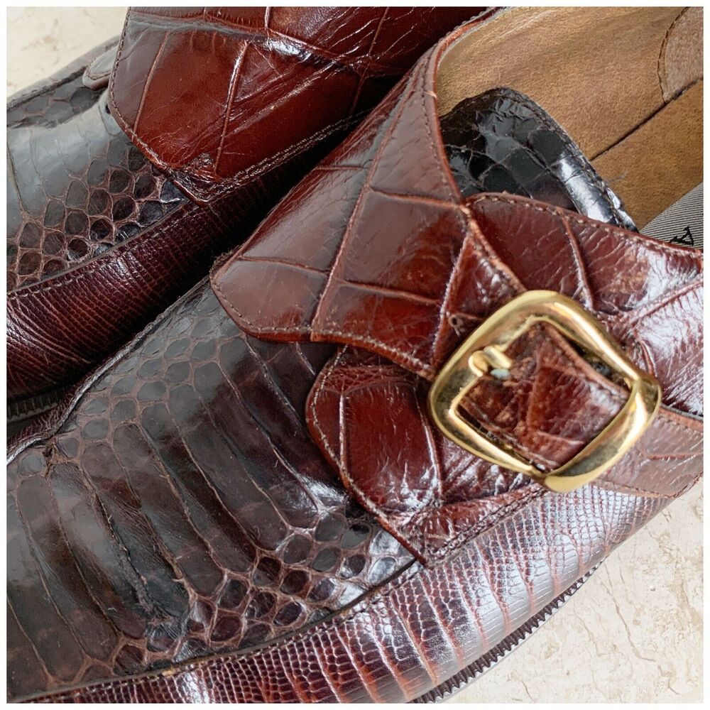 Stacy Adams Monk Strap Mens Dress Shoes Size 9 Genuine Snakeskin Brown Leather - Picture 5 of 12